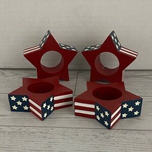 Set of 4 Wooden Patriotic Star Napkin Rings Americana 4th July